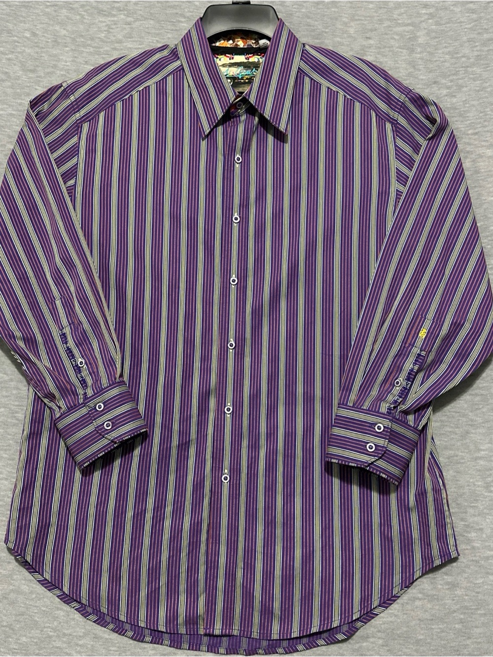 Robert Graham Shirt Men L Purple Striped Flip Cuff Long Sleeve Button Front SS